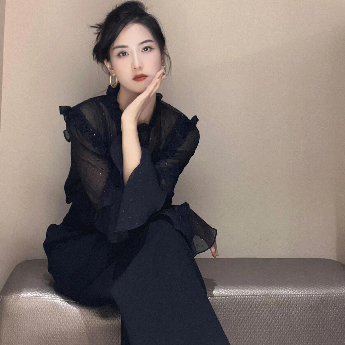 阿家专柜正品新中式复古宫廷风花边透视衬衫 5301020-1S16811-001