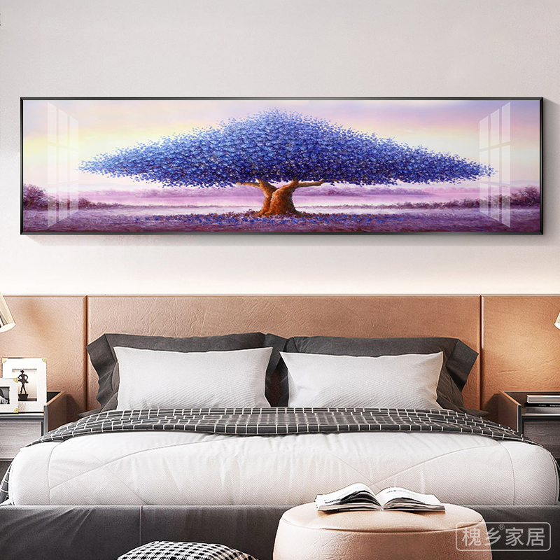 现代简约幸福树挂画轻奢卧室床头装饰画网红款樱花树主卧横幅壁画