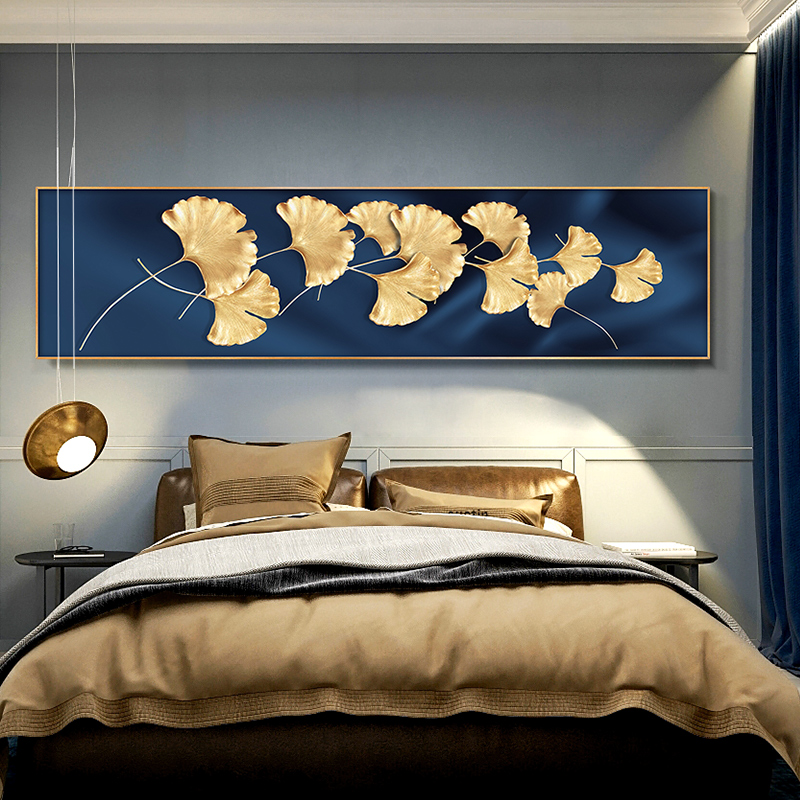 卧室床头金叶子装饰画现代简约客厅沙发背景墙壁画横幅挂画