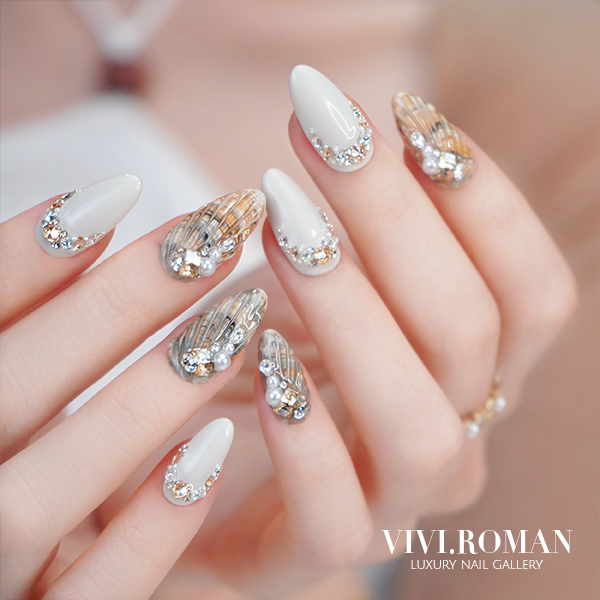 【鼓浪屿】原创设计 贝壳 人鱼 白色 立体 轻奢穿戴美甲