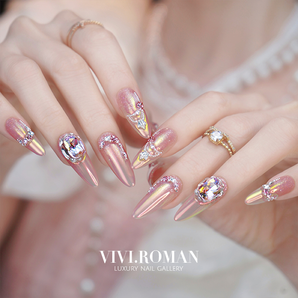 【高光时刻】原创设计郁金香极光魔镜粉爆闪朦胧新款轻奢穿戴美甲