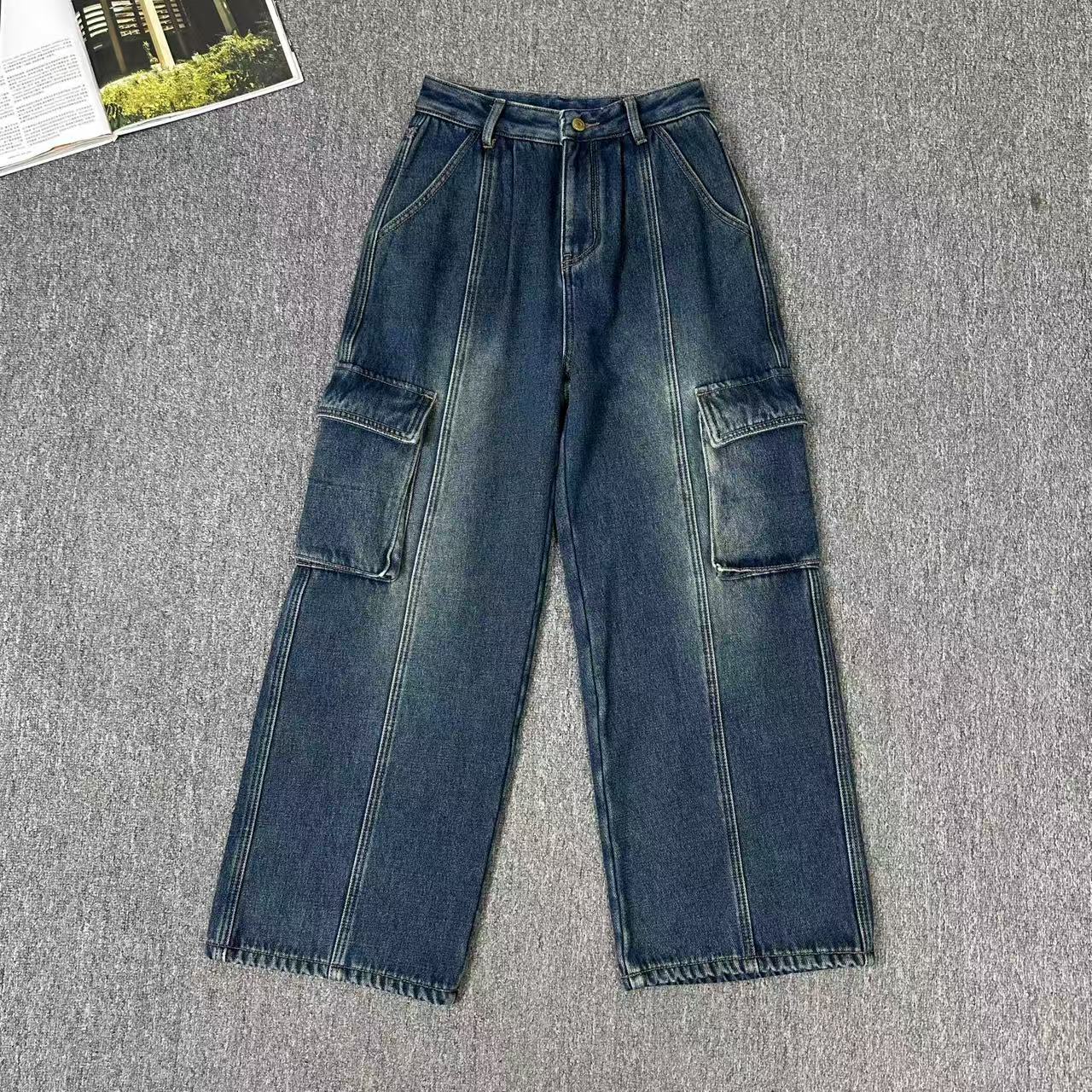 84037余小鱼【怀旧风潮】复古蓝侧边大口袋镰刀工装加绒牛仔裤女装