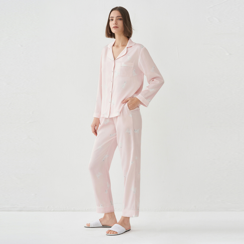 爱美丽涂鸦狗狗月光丝翻领开衫春秋长袖上衣长裤薄款套装IM46BRX2