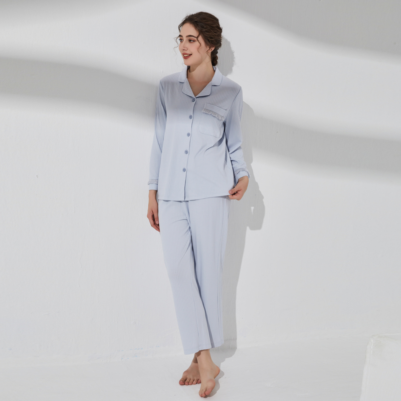 爱美丽家居服女士春秋舒适罗纹翻领开衫长袖上衣长裤套装IM46BRL2