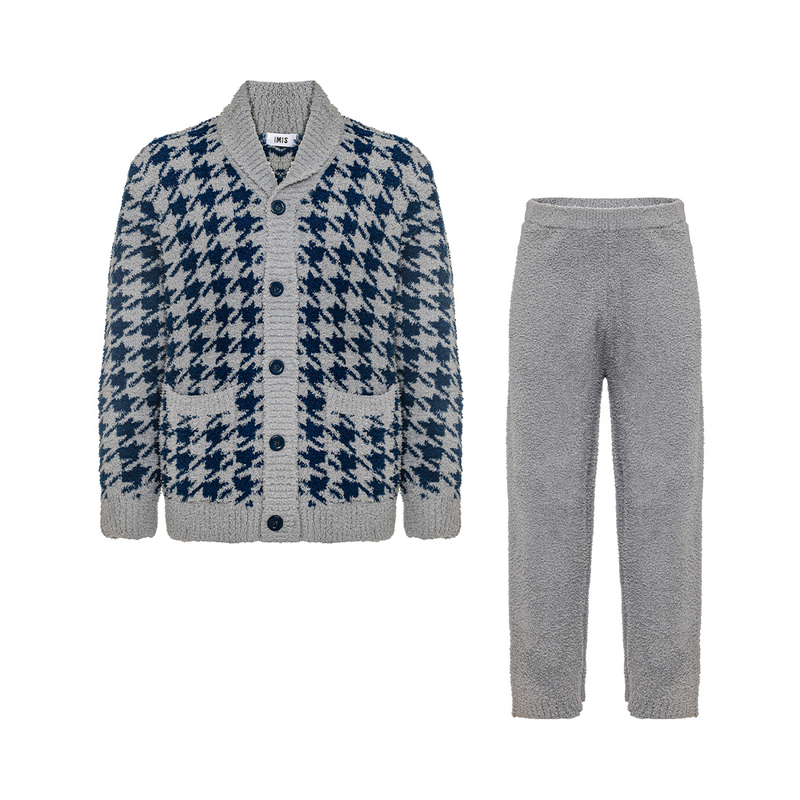 爱美丽田园撸猫绒-千鸟纹男式翻领开衫长袖上衣长裤套装IM46BVR2