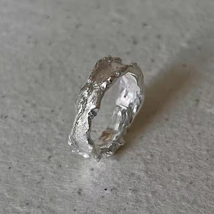 925银戒指 小众设计简约纯银烧皱肌理食指戒指开口纹理尾戒高级