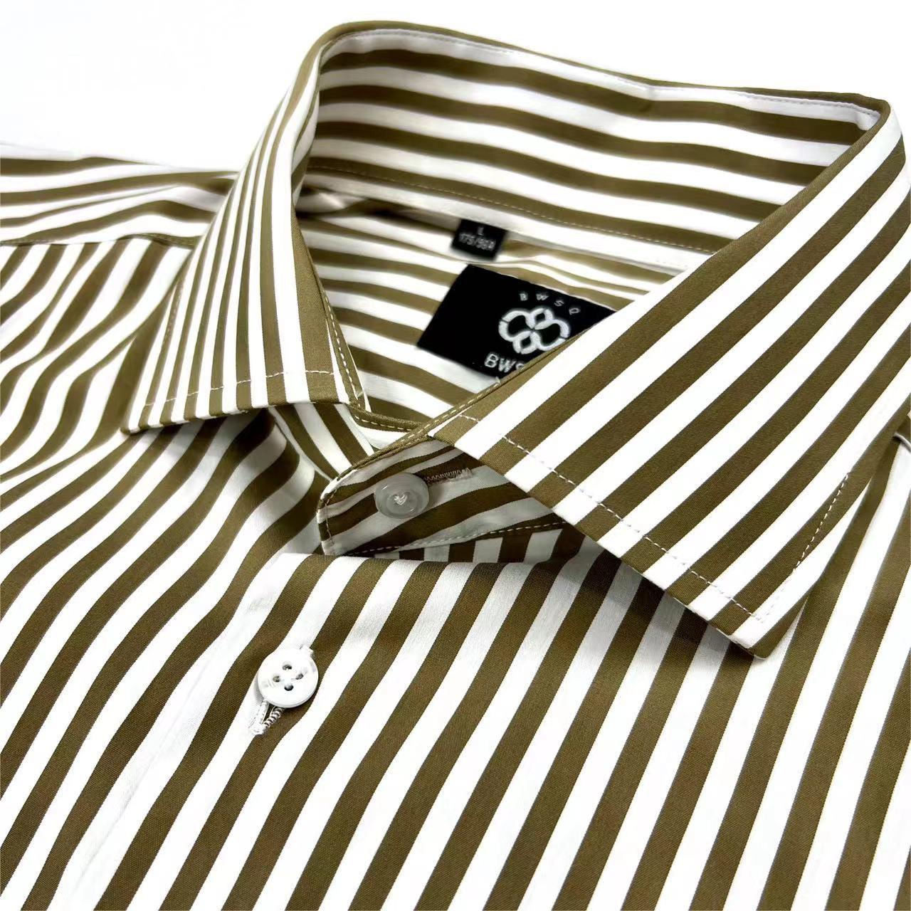 法式温莎领一字领白棕色条纹衬衫长袖衬衣潮流商务职业叠穿四季款