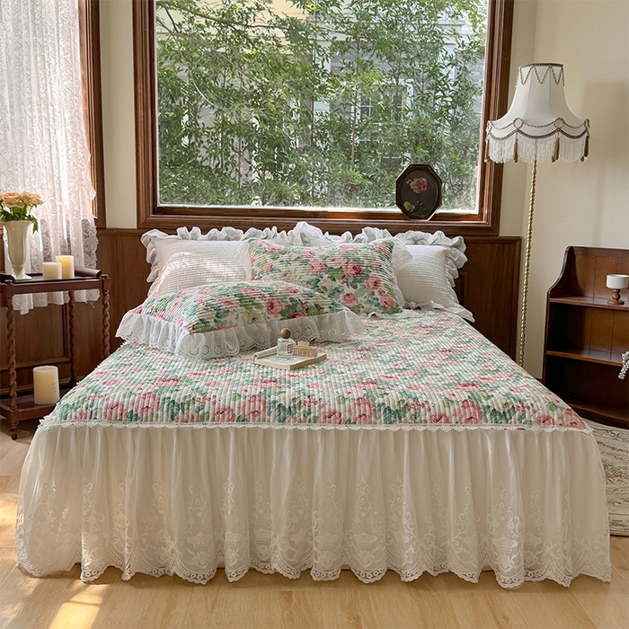 新款纯棉秋冬韩版夹棉高档法式蕾丝单床裙加厚公主风床盖（菊韩式