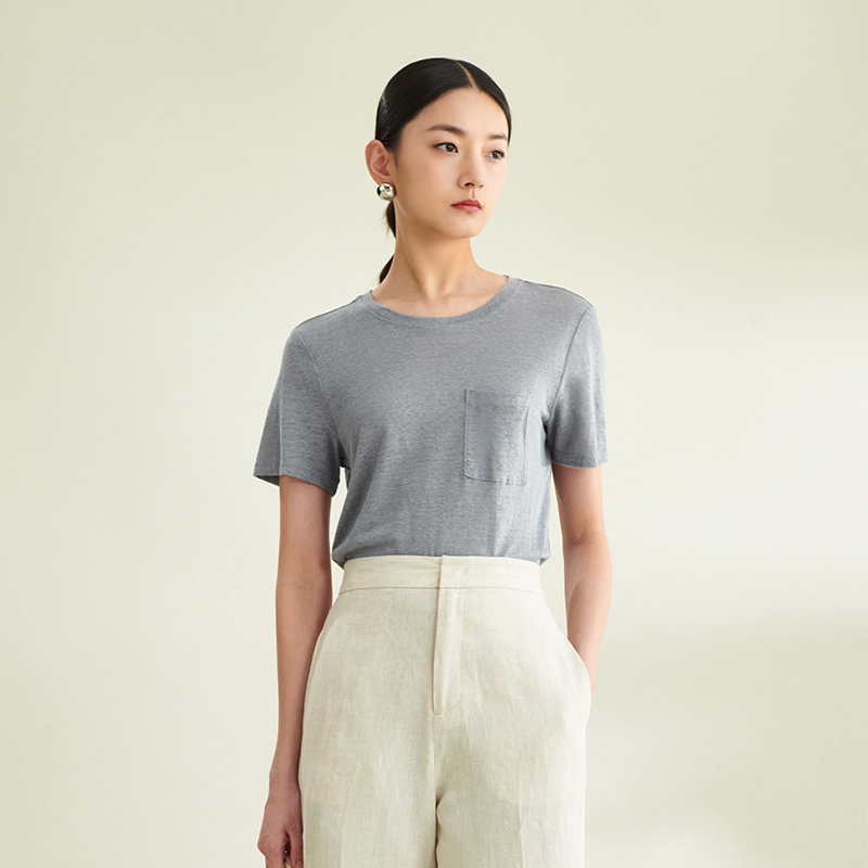 璞宿PUSU亚麻竹节纹单口袋T恤 22302