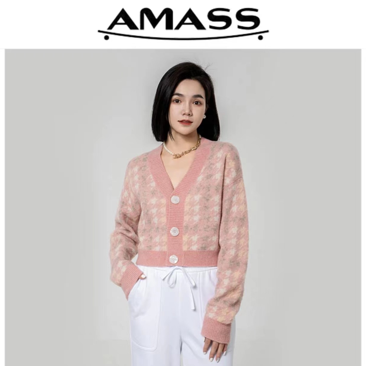 AMASS/阿玛施千鸟格小香风气质秋冬短款绵羊毛开衫毛衣5499144