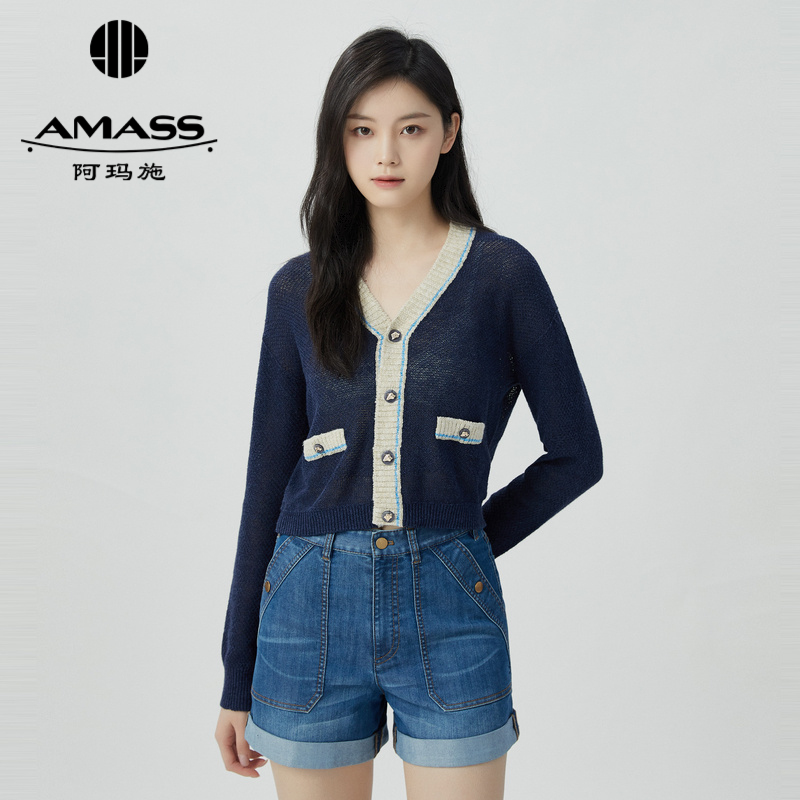 新款女装百搭质感V领拼色棉麻长袖针织开衫5499208