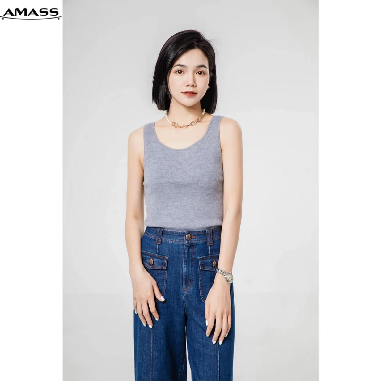 AMASS/阿玛施简约多色圆领纯色保暖女背心打底羊绒百搭5392357