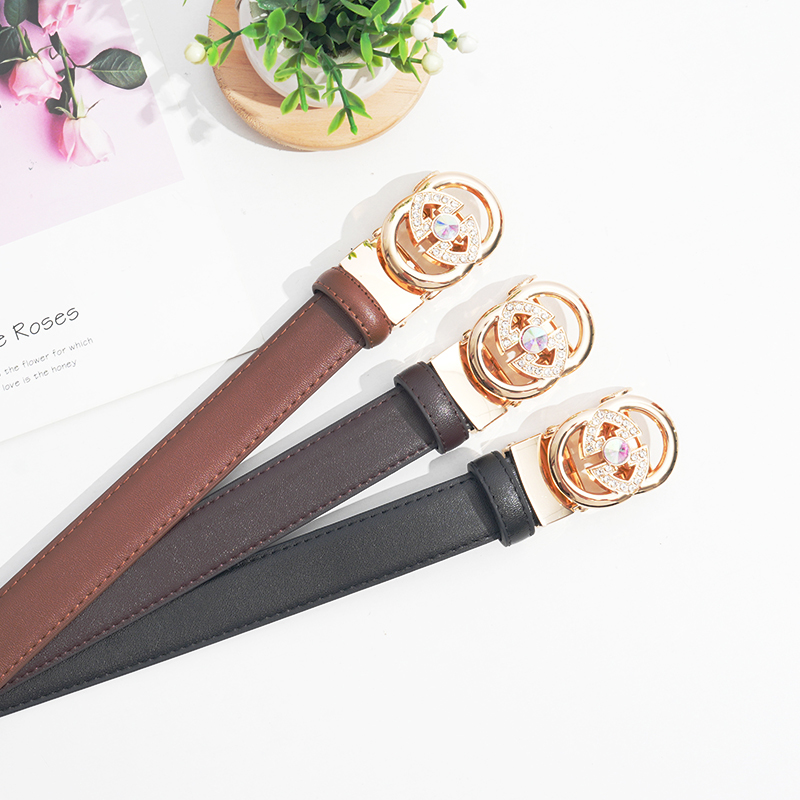 2023网红爆款自动女士百搭真皮皮带时尚简约休闲腰带金色平滑复古