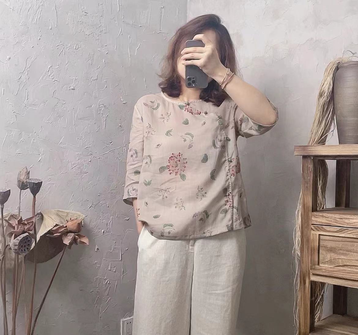 【麻布情结】苎麻圆领斜襟茶服 印花新中式小衫  芙蕖盛开
