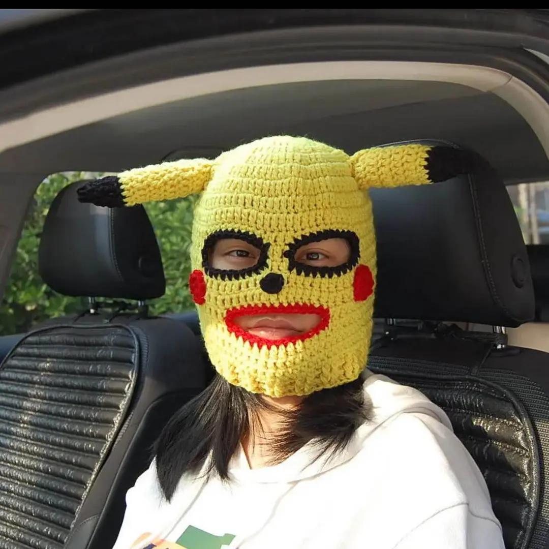 皮卡丘帽子可爱针织毛线帽秋冬骑车帽子头套保暖全脸搞怪送朋友