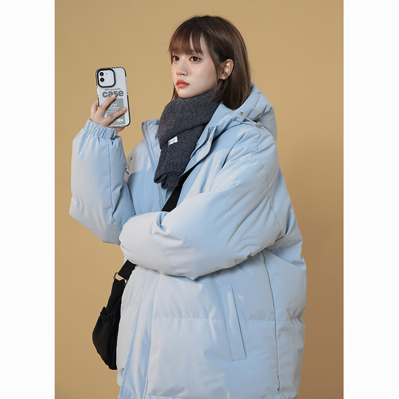 波司豋羽绒服奶蓝色连帽棉服女韩系温柔慵懒风外套冬季加厚高级感