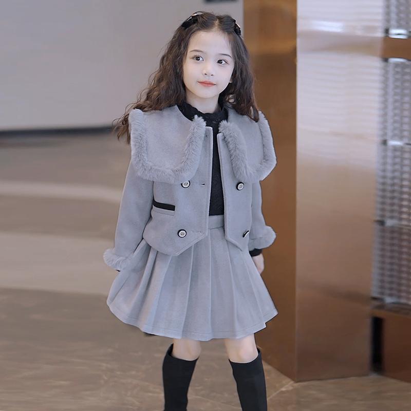 新品巴拉巴拉女童小香风套装裙秋冬装儿童学院风呢子外套小女孩百