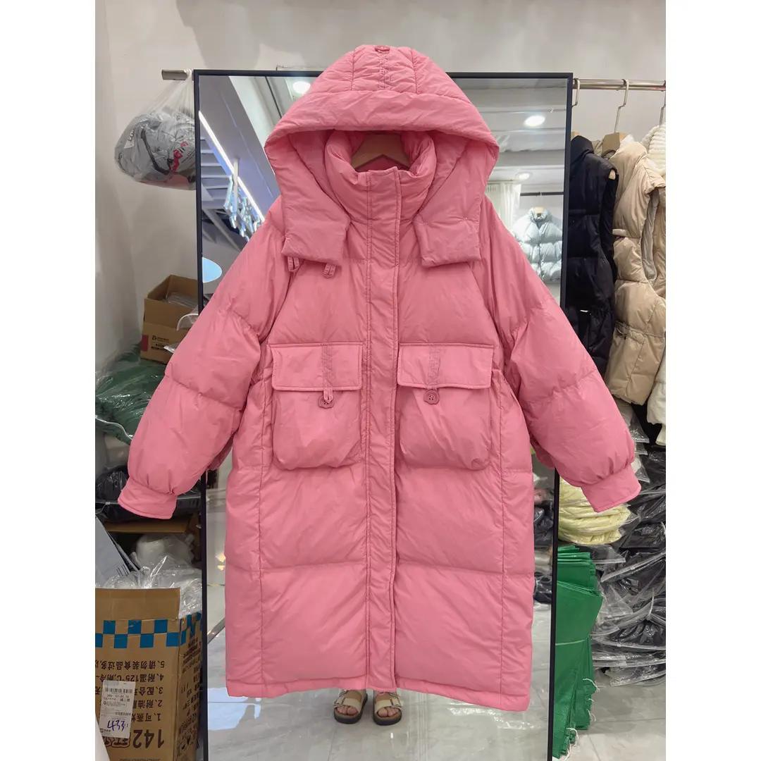 2023年韩版反季新款羽绒服女中长款连帽白鸭绒过膝加厚宽松