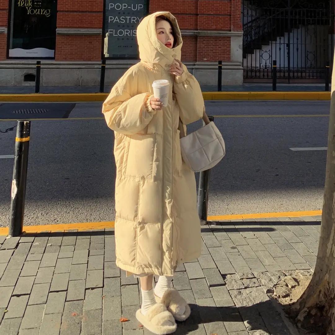 冬季奶fufu黄色羽服女中长款2023年冬季新款衣加厚过膝袄外套显