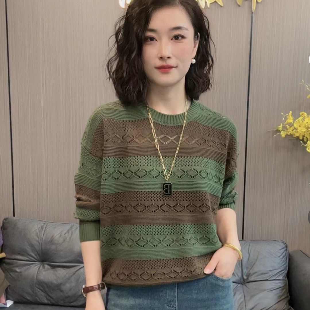 2024春秋薄款套头新款时尚条纹拼接针织衫宽松遮肚子百搭打底毛衣