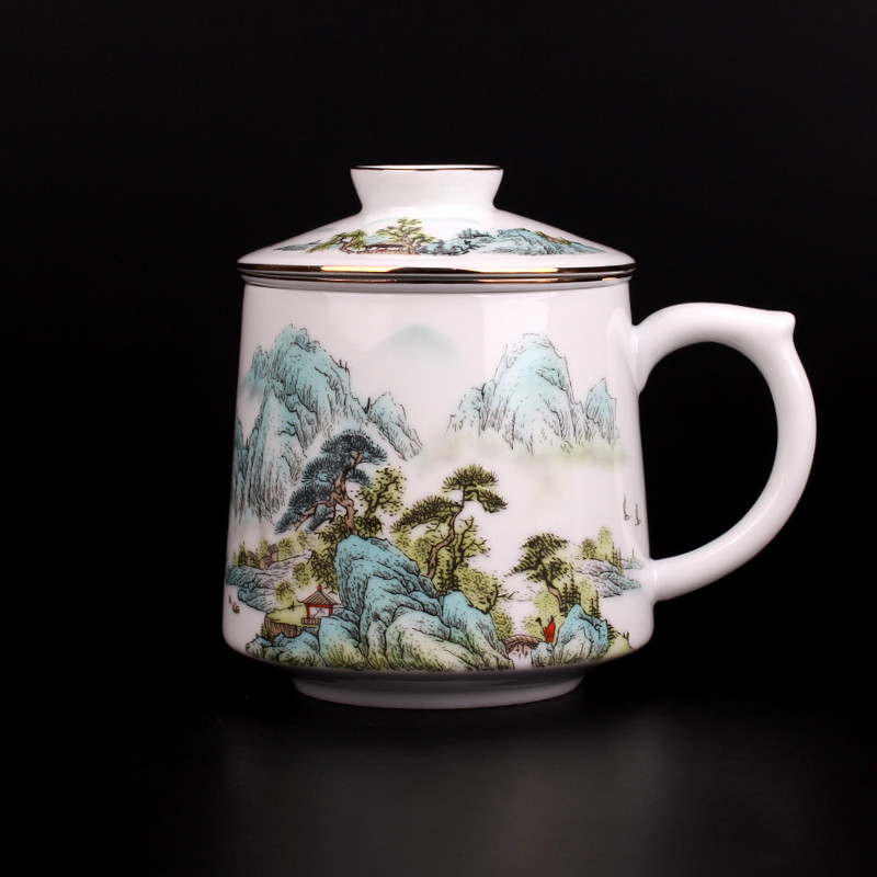 【带盖过滤茶杯】景德镇陶瓷茶杯陶瓷杯茶水分离礼品办公杯子