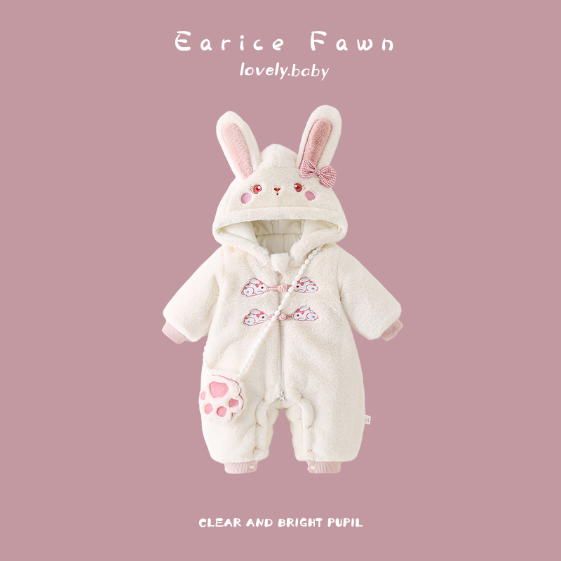 YM婴儿冬季可爱连体衣爬服夹棉卡通哈衣秋冬装外出满月百天加厚棉