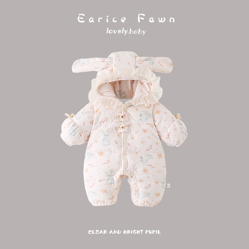 YM冬季婴儿连体衣满月百天哈衣秋冬装加棉加厚棉衣可爱洋气爬爬服