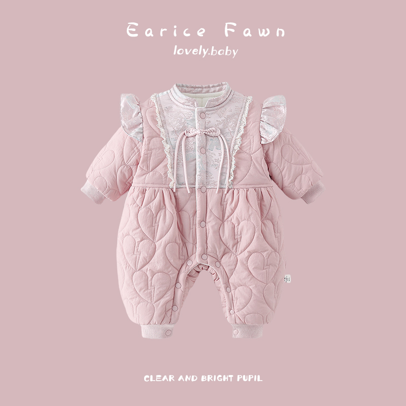 YM新生婴幼儿衣服冬季男女宝宝可爱连体衣满月百天爬爬服外出棉衣