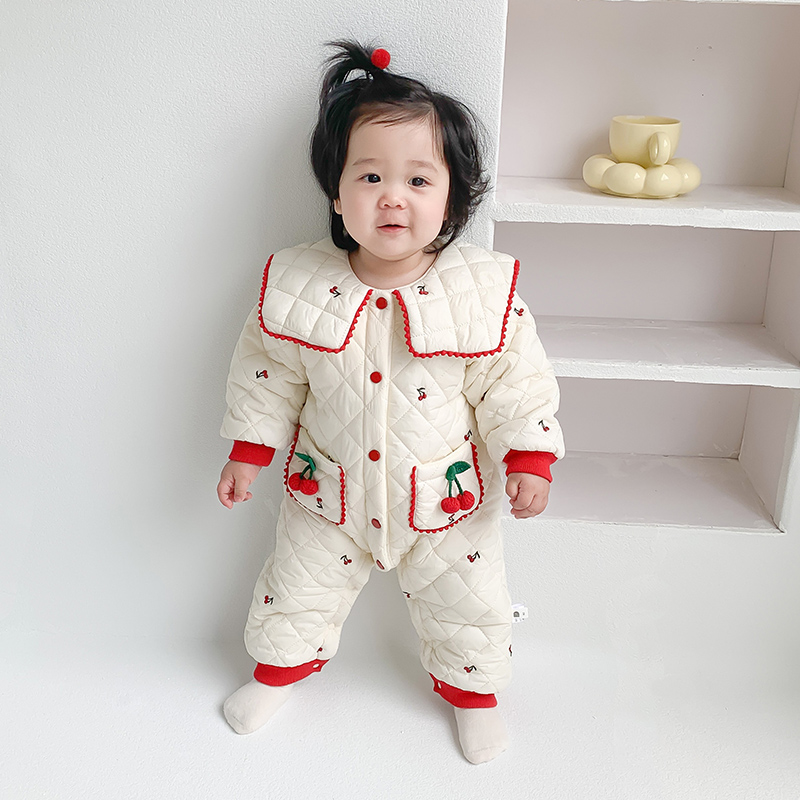 YM婴儿秋冬装可爱棉衣女宝宝冬季加棉连体衣满月百爬服外出加厚棉