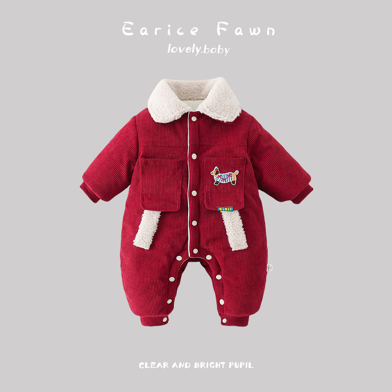 YM婴儿衣服冬季宝宝连体衣可爱洋气拜年服满月周岁爬爬服外出加厚