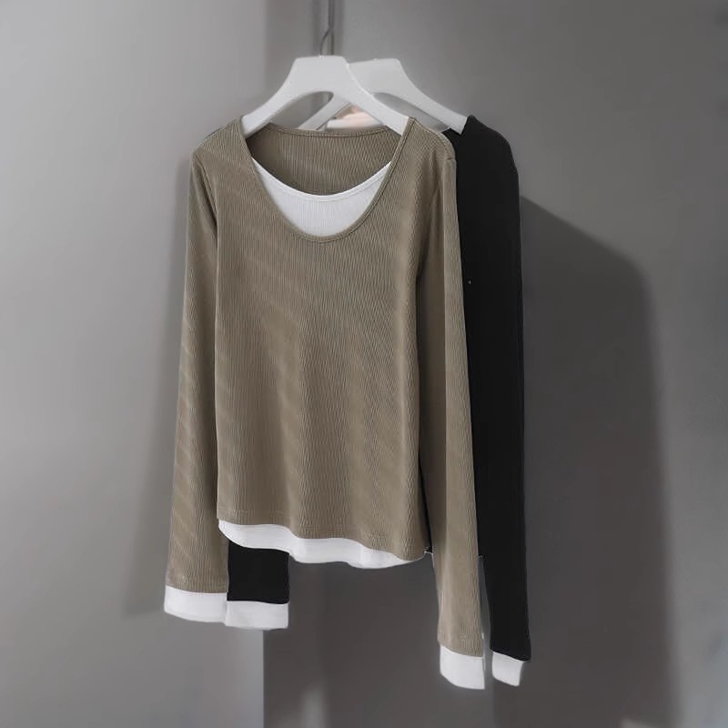 假两件长袖t恤女新款春秋装大码240斤胖mm遮肚上衣藏肉打底衫3453