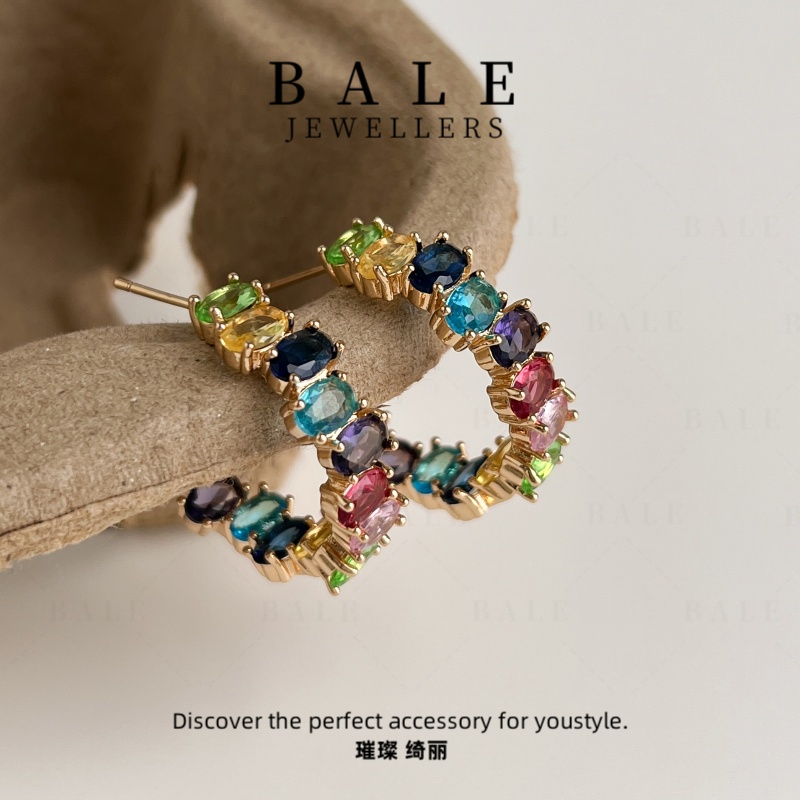 铜合金合成锆石耳饰 E2253 气质轻奢时尚百搭复古法式小众彩色