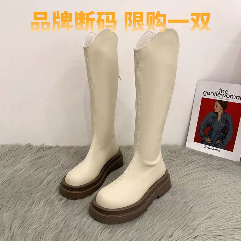 断码意尓康长筒女靴女2023长筒女靴高跟小个子圆头防滑过膝厚底骑