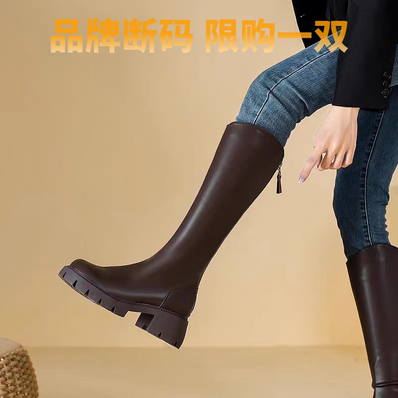 断码意尓康2023冬季爆款皮靴小个子长靴加绒高筒厚底高筒靴百搭靴