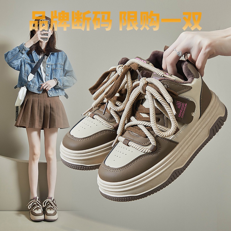 断码意尓康2023冬季高帮加绒小白鞋新款韩版ins女学生厚底增高运
