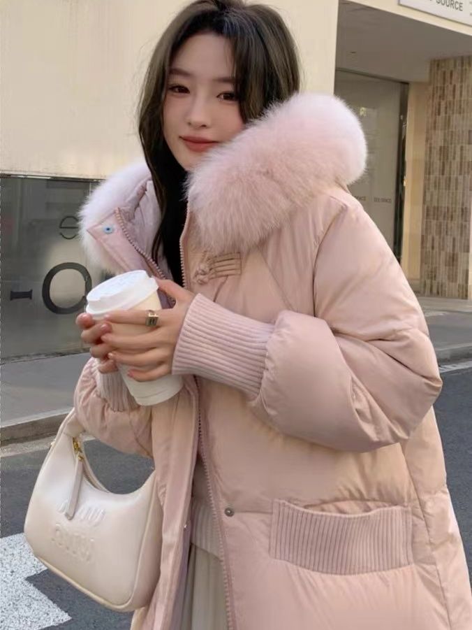 冬季甜美2023国风羽绒服女中长款加厚显瘦大毛领外套粉色洋气减龄