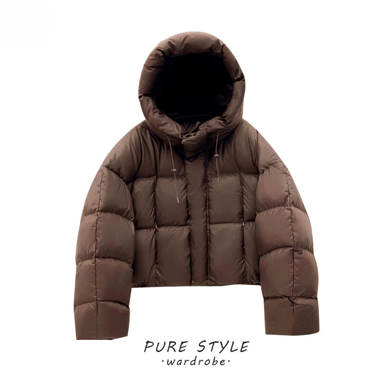 PURE STYLE美拉德栗色羽绒服女连帽加厚小个子白鸭绒面包服外套冬