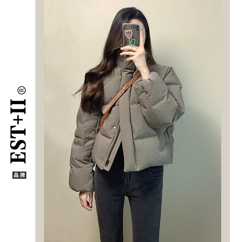 超细千鸟格短款立领羽绒衣棉服女冬季新款设计休闲百搭保暖厚外套