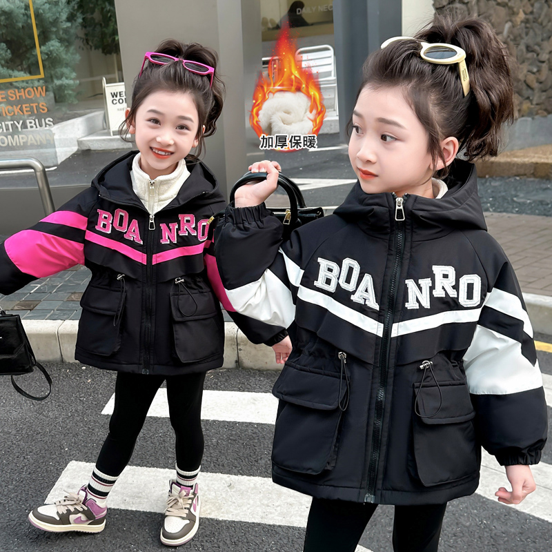 女童外套冬装儿童洋气韩版加厚冲锋衣小女孩冬季时髦收腰派克棉服