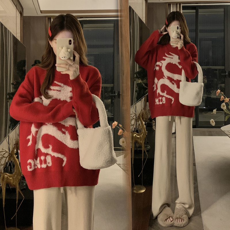 孕妇冬装毛衣2023新款大板型加厚红色新年秋冬装针织衫龙年