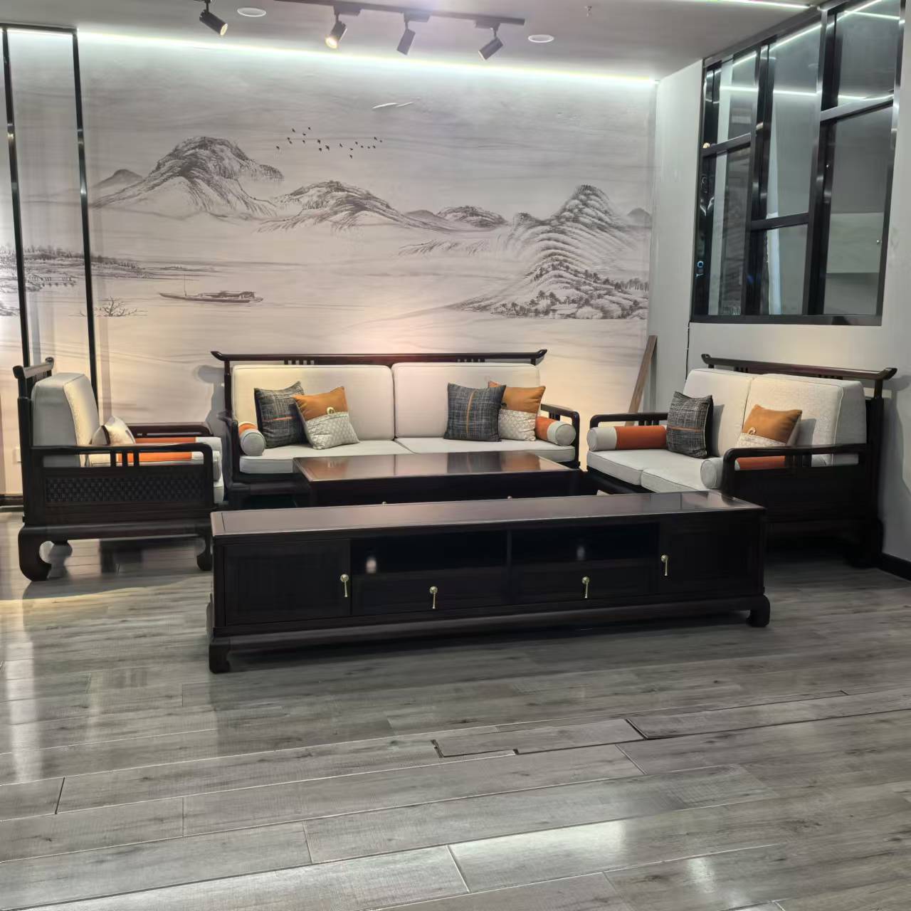 黑檀木沙发 小款沙发 新中式沙发 茶几 电视柜 成套新中式沙发