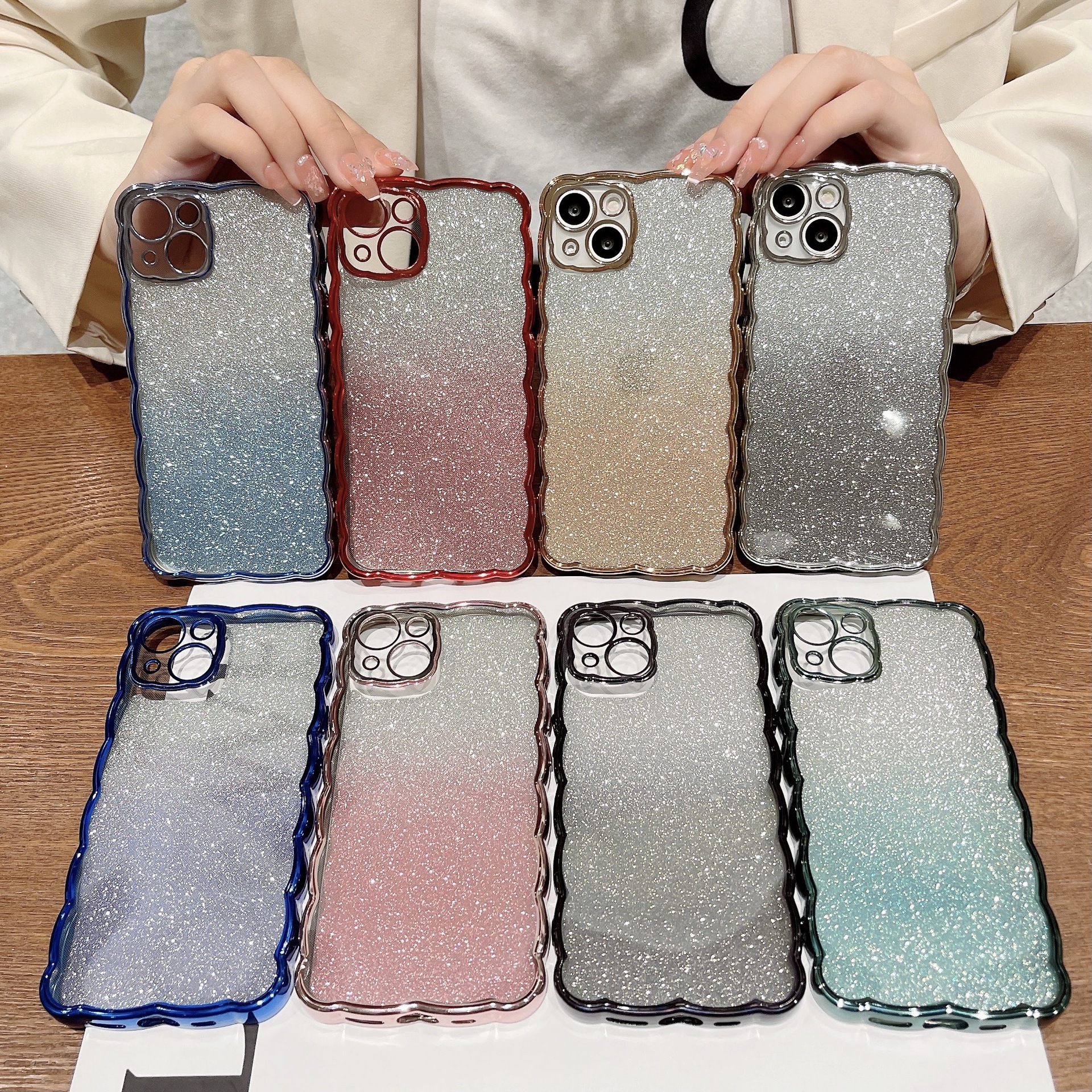 手机壳适用苹果14Pro波浪纹iPhone13电镀TPU渐变闪粉12奢华保护套