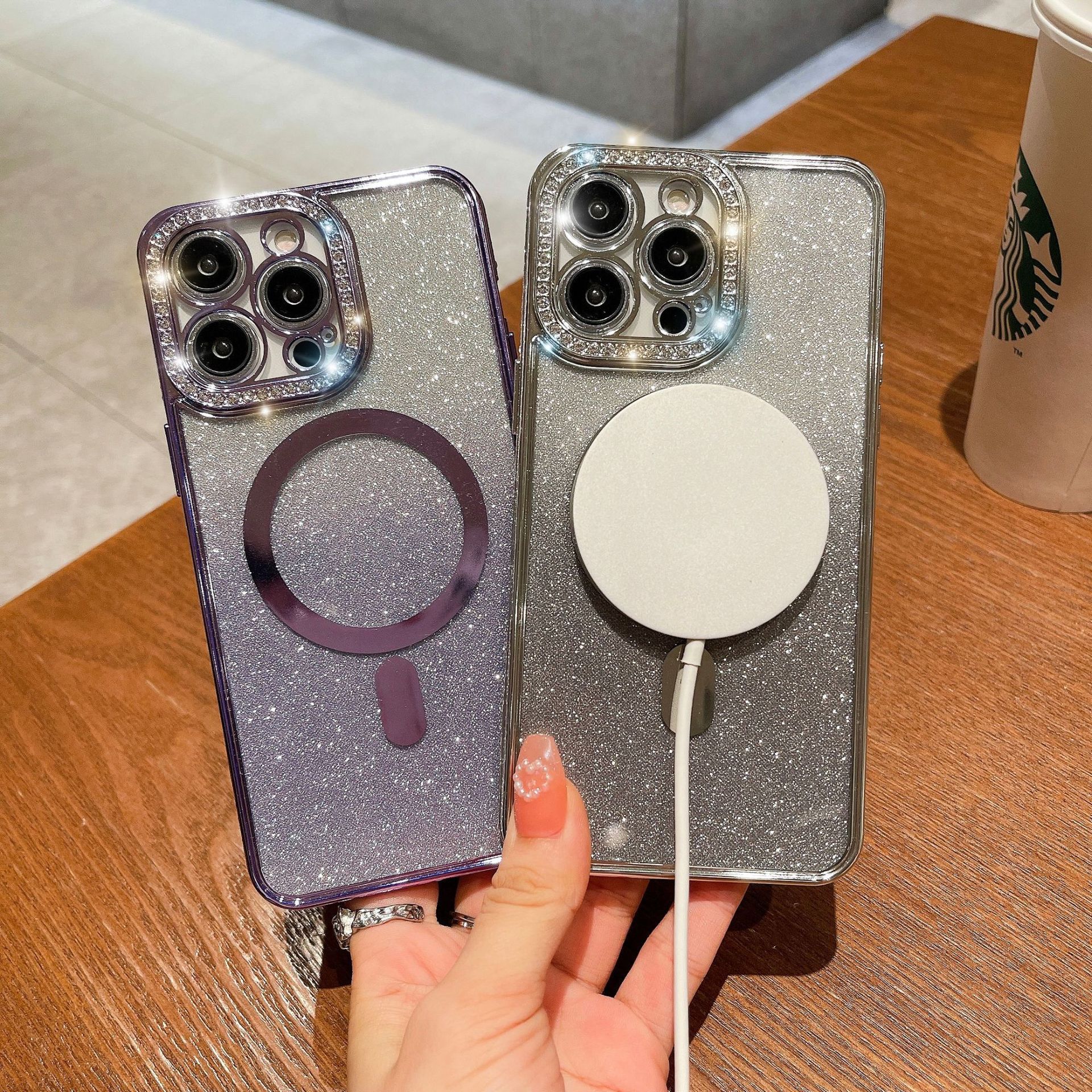 手机壳适用iPhone15pro电镀闪粉渐变苹果14水钻奢华MagSafe磁吸套