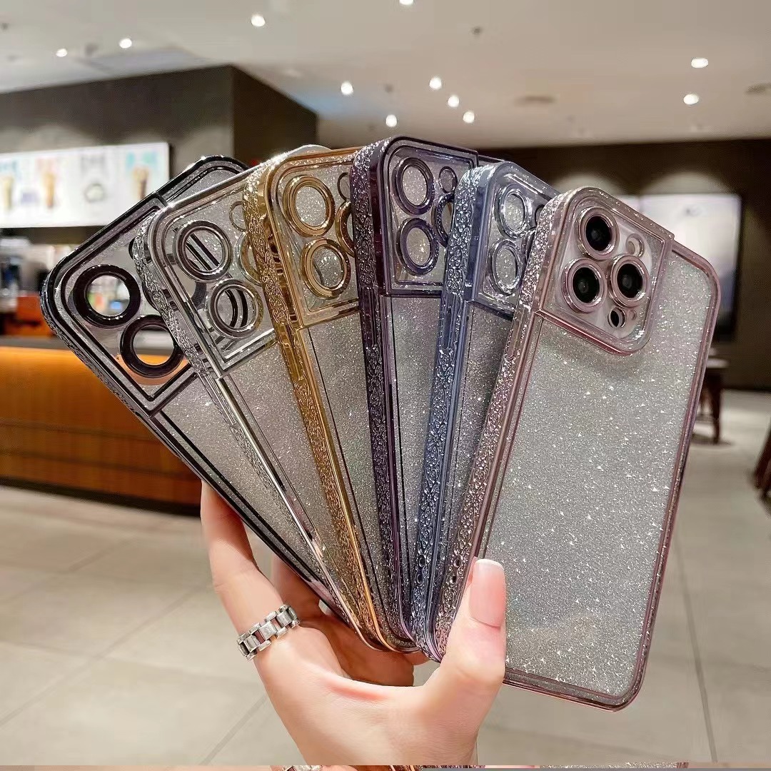 手机壳苹果14pro电镀蕾丝纹边适用iPhone13透明软防摔闪粉保护套