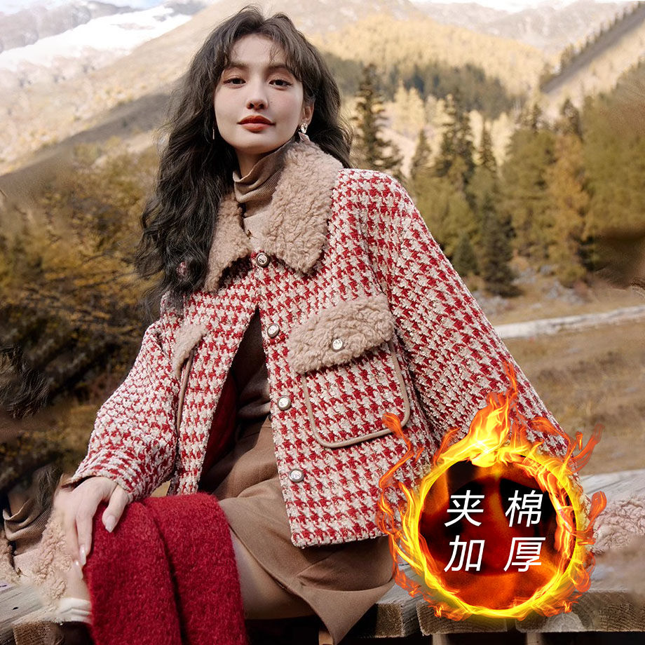 千鸟格小香风毛呢短外套女冬季韩版时尚小众高级气质加厚洋气上衣