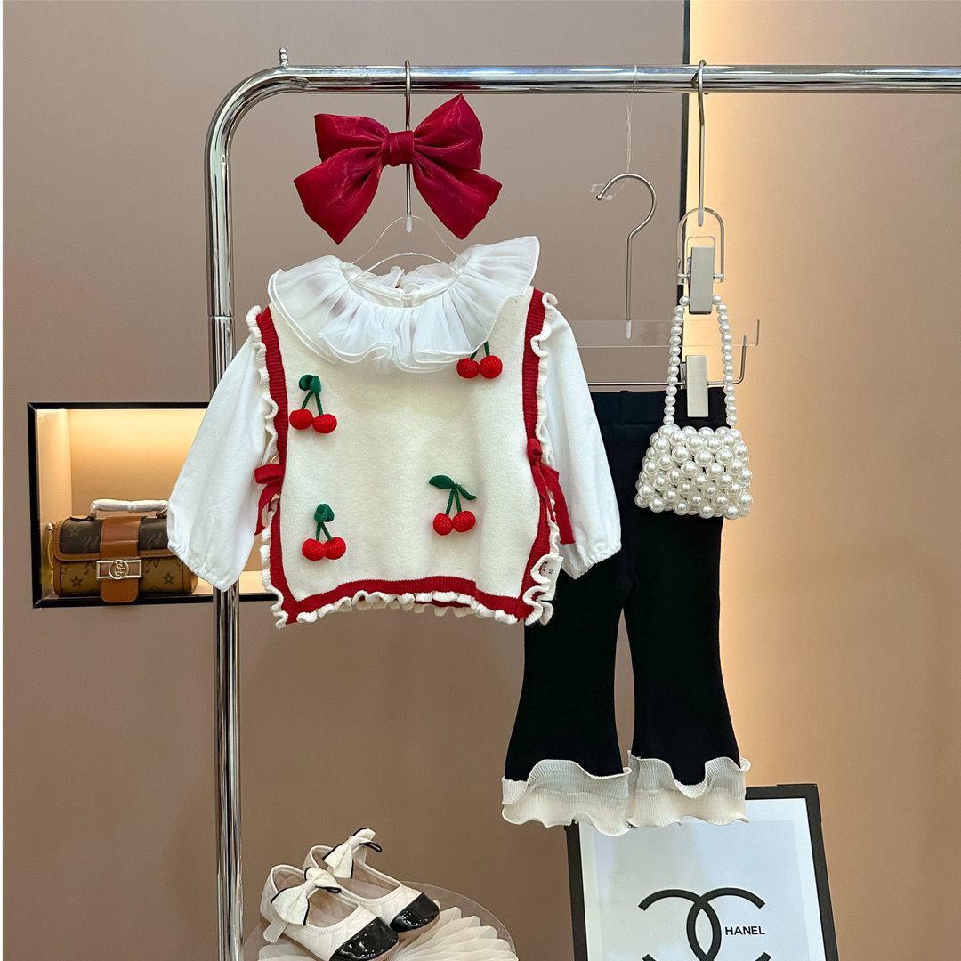 【秒发】女童秋季2023新款套装女宝宝洋气针织花朵背心儿童长裤时