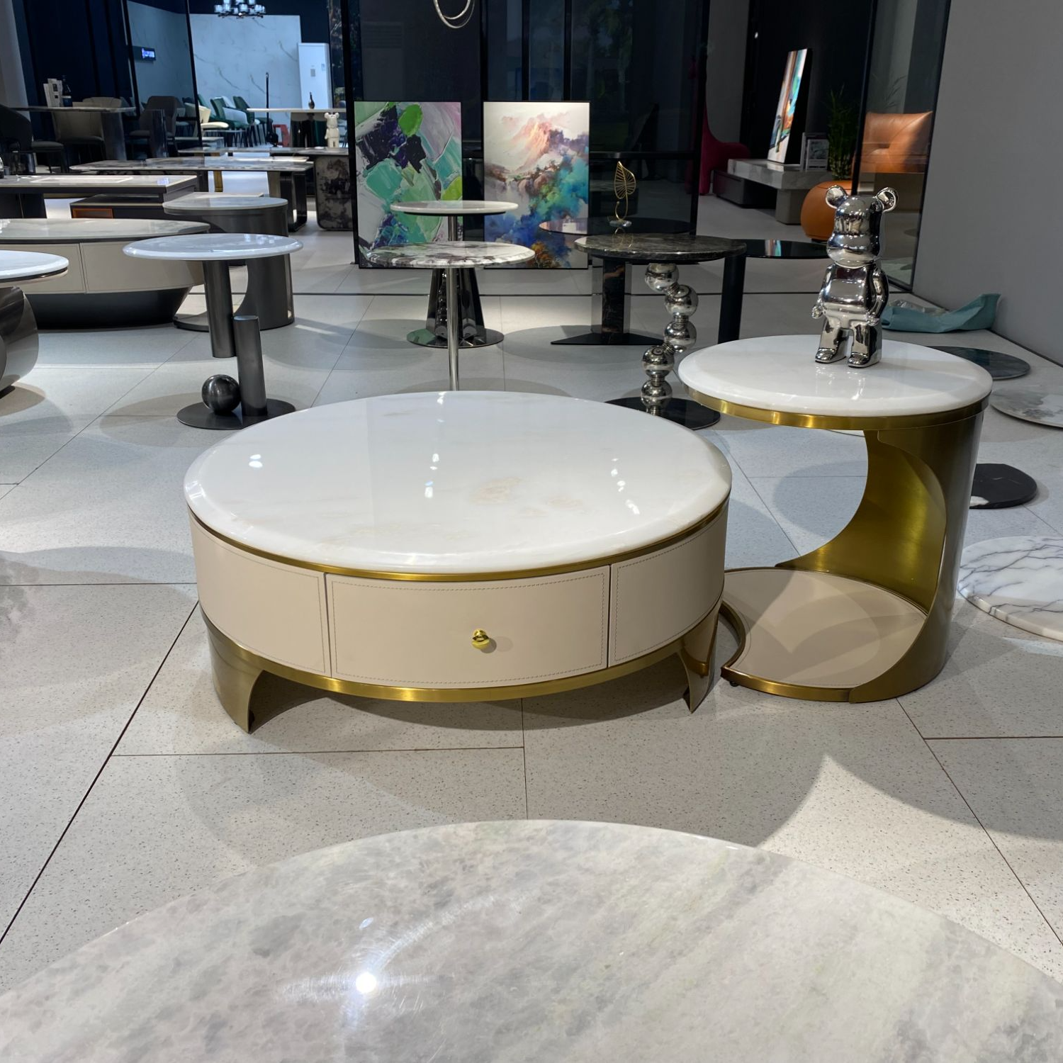 纯天然新芬迪白奢石轻奢意式圆形简约极简家用茶几电视柜组合