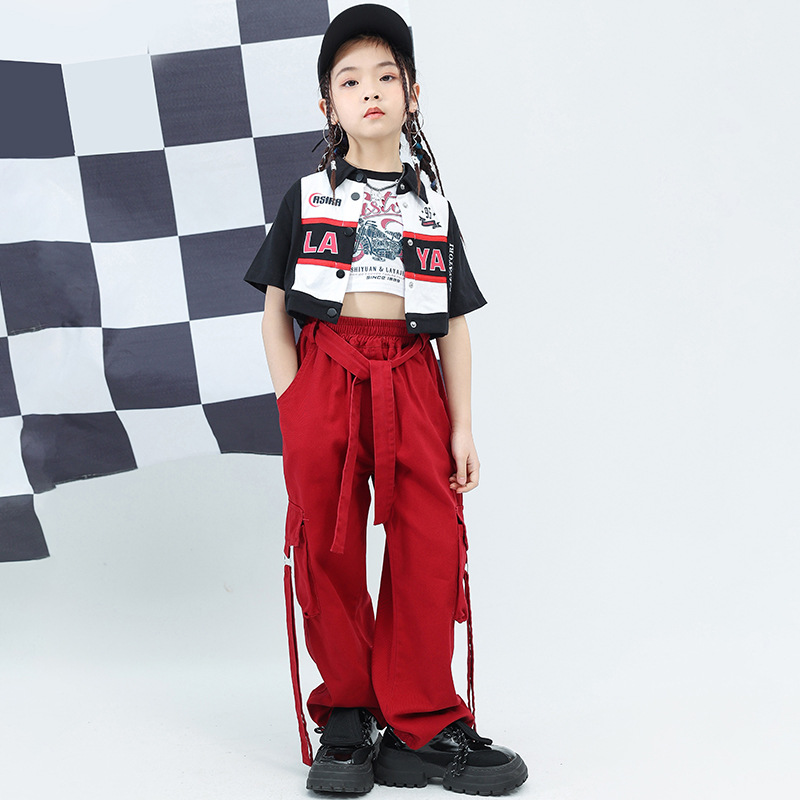 爵士舞服装女童机车风短袖套装练功服工装裤少儿jazz表演出潮服夏