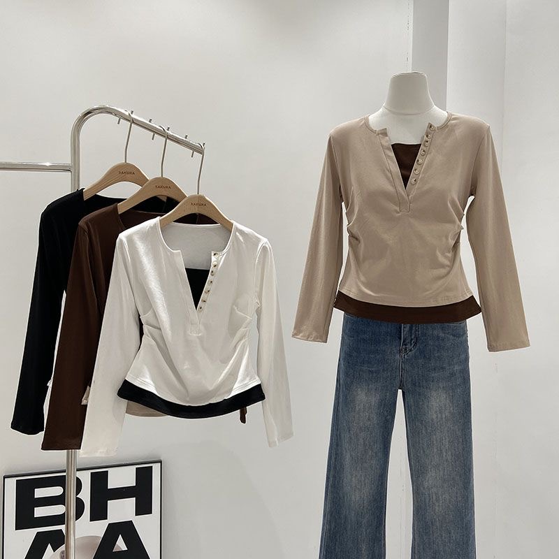 复古小众假两件t恤2024新款港风显瘦气质长袖高腰短款修身秋季