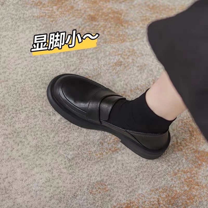 胎牛皮小皮鞋女2023春秋新款懒人一脚蹬英伦风乐福鞋厚底配裙子